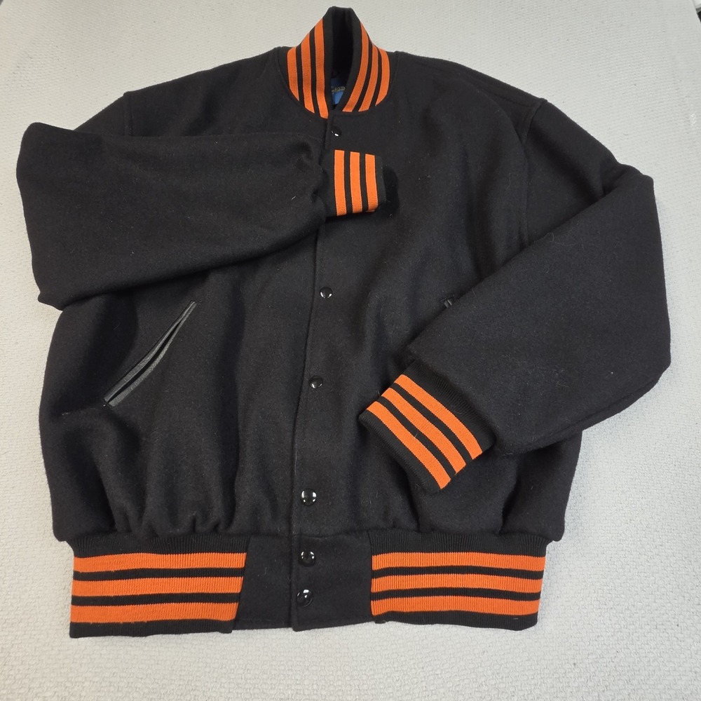 Vintage Gem Sportswear Wool Varsity Jacket Mens XL Black Orange Made in USA